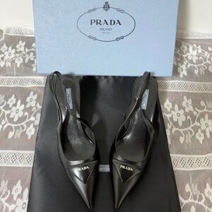 Prada Black Pointed Leather Slingback Pumps with Logo Plaque